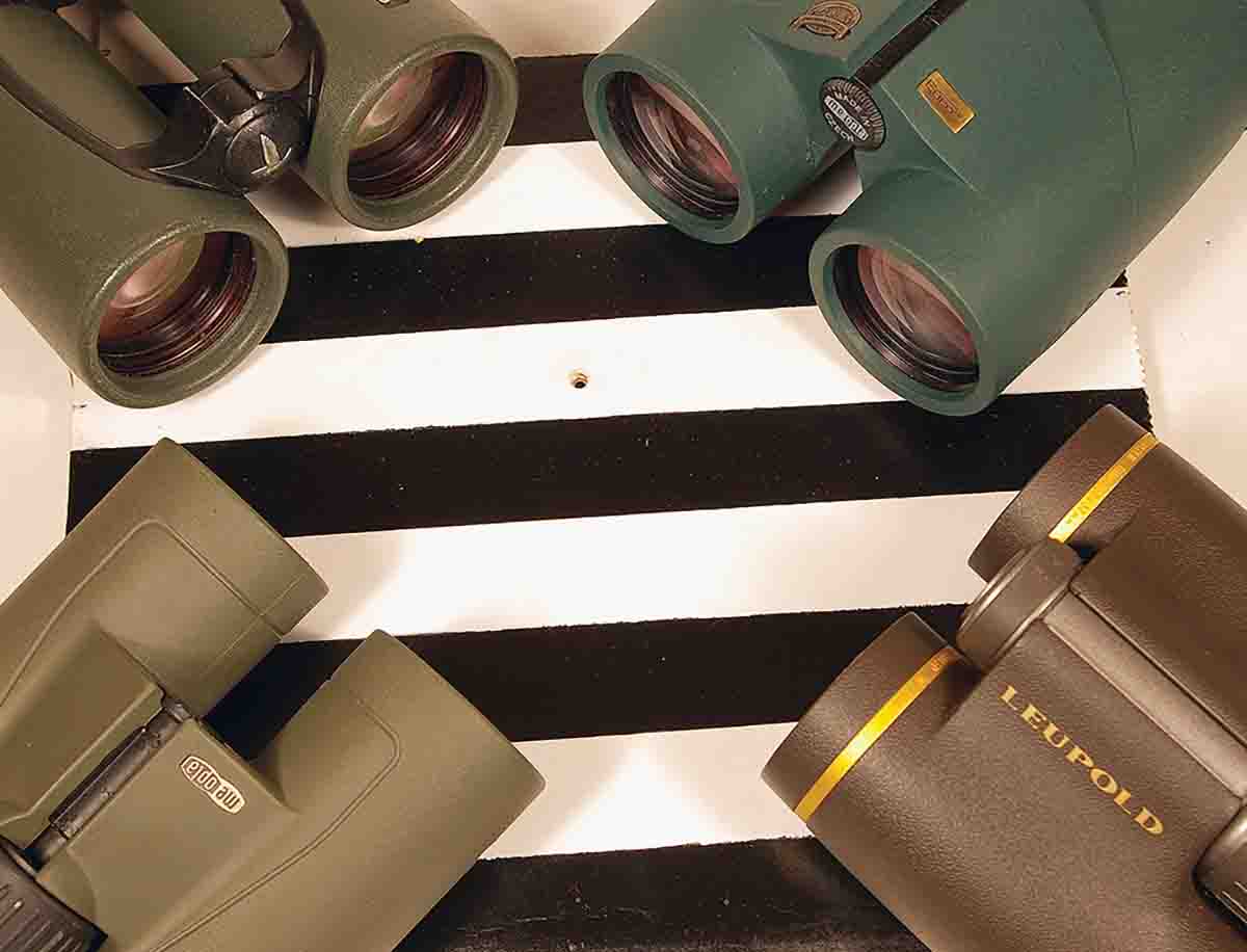 Four binoculars were tested to determine how well they provided contrast in low light against a board of alternating black-and-white lines.